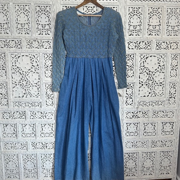 Cache Pants - Vtg NWT Cache Chambray Long Sleeve Stretchy‎ Wide Leg Jumpsuit Sz Medium